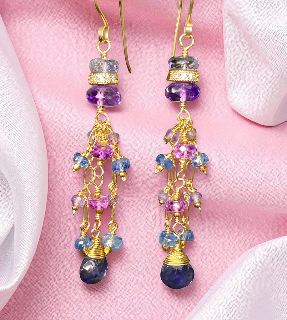 Blue Purple Gemstone Dangle Earrings, Tassel Style, Iolite, Amethyst, Gold Fill