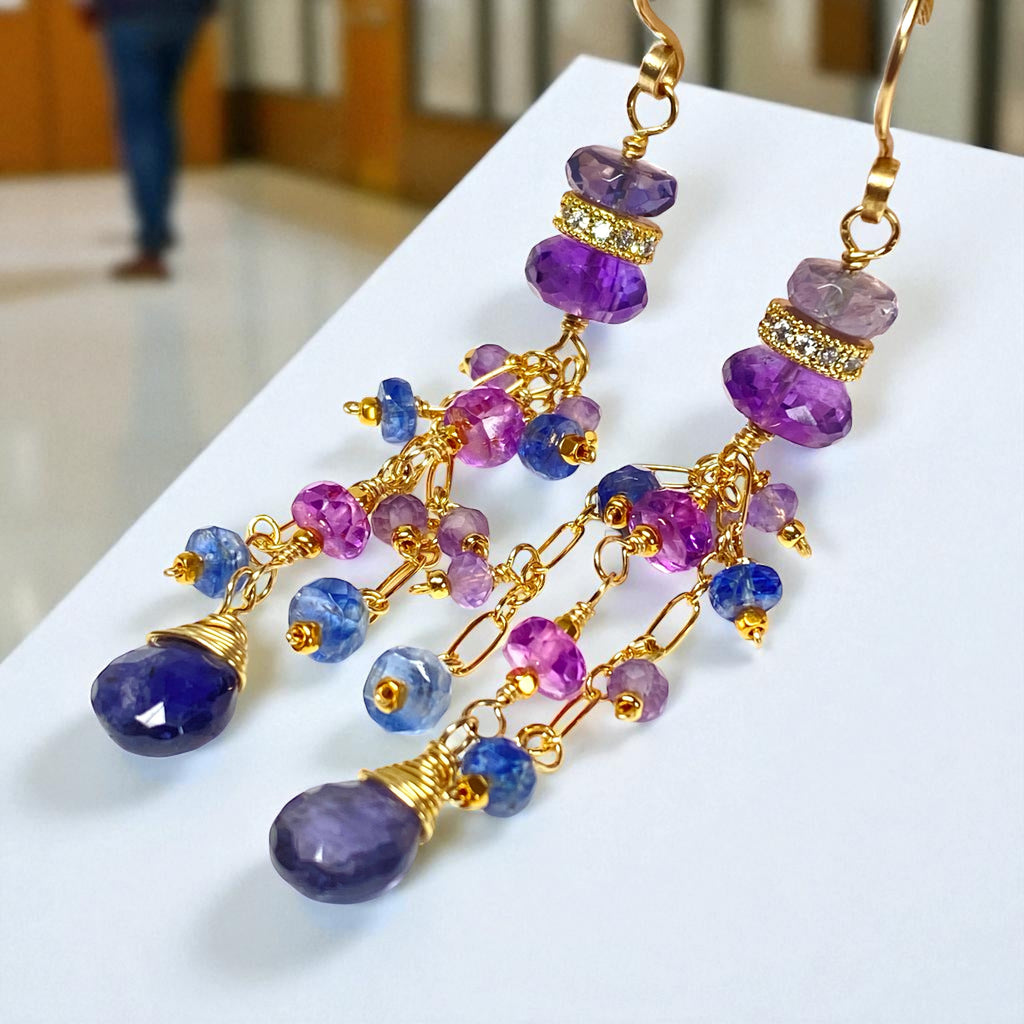 Blue Purple Gemstone Dangle Earrings, Tassel Style, Iolite, Amethyst, Gold Fill