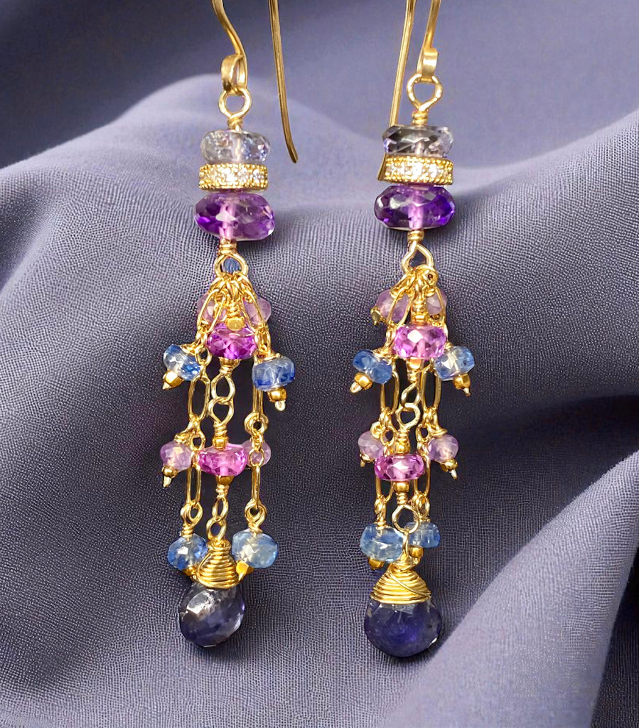 Blue Purple Gemstone Dangle Earrings, Tassel Style, Iolite, Amethyst, Gold Fill