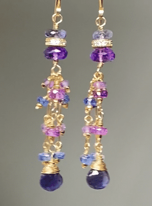 Blue Purple Gemstone Dangle Earrings, Tassel Style, Iolite, Amethyst, Gold Fill