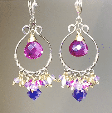 Blue Violet Gemstones Oxidized Silver Hoop Chandelier Earrings