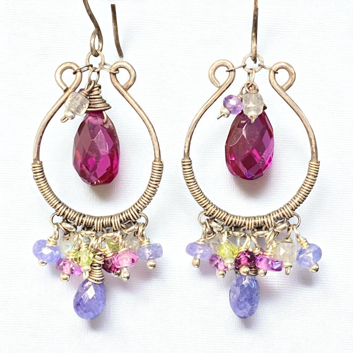 Blue Violet Gemstones Oxidized Silver Hoop Chandelier Earrings
