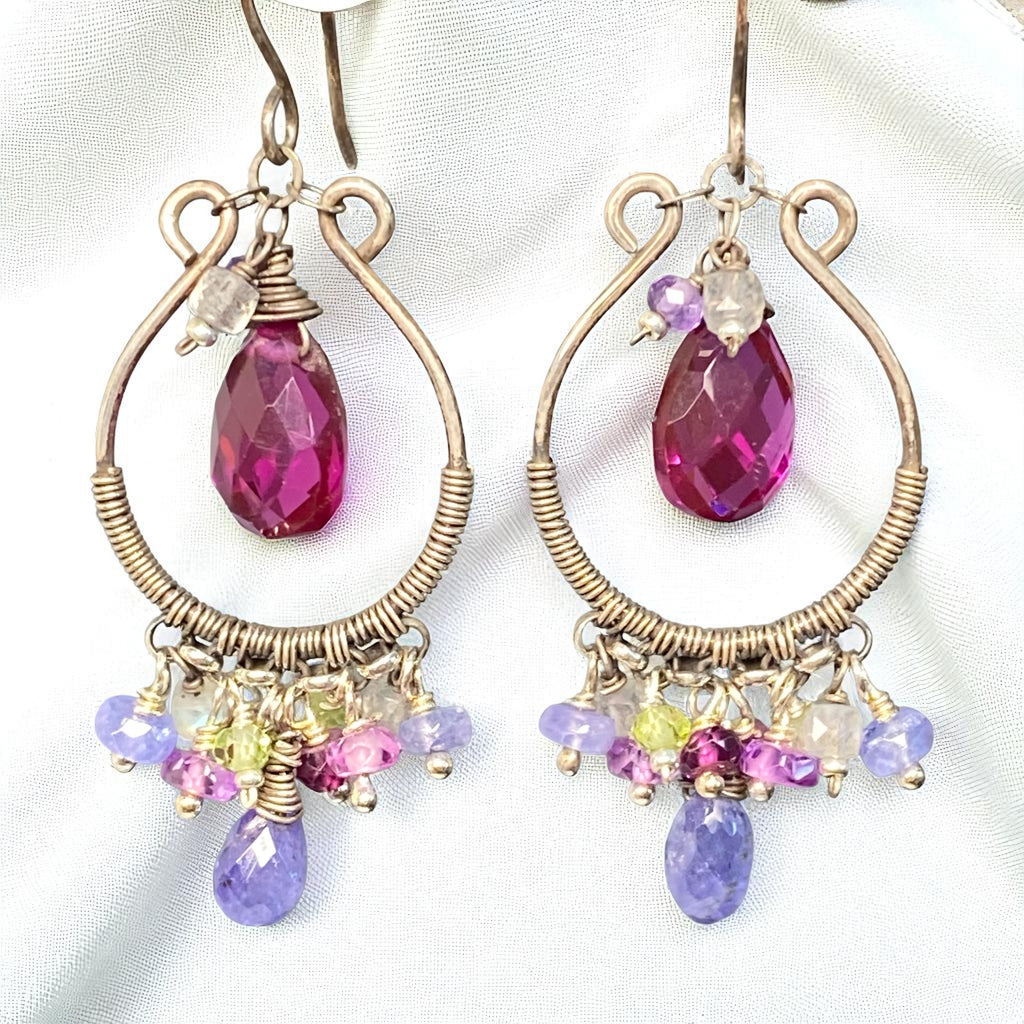Blue Violet Gemstones Oxidized Silver Hoop Chandelier Earrings