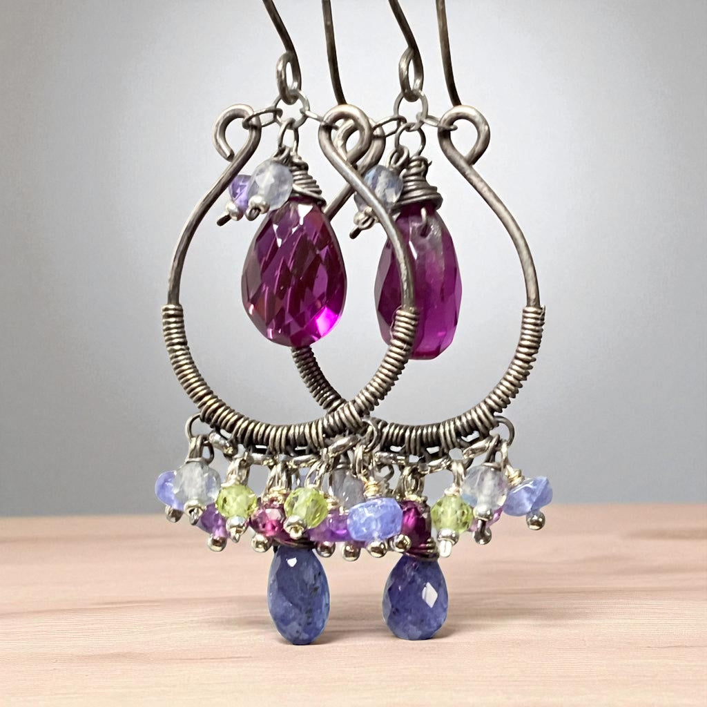 Blue Violet Gemstones Oxidized Silver Hoop Chandelier Earrings