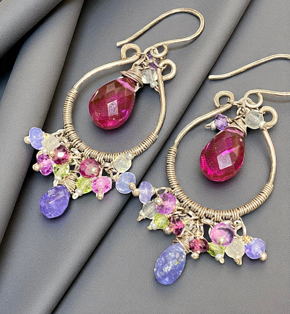 Blue Violet Gemstones Oxidized Silver Hoop Chandelier Earrings