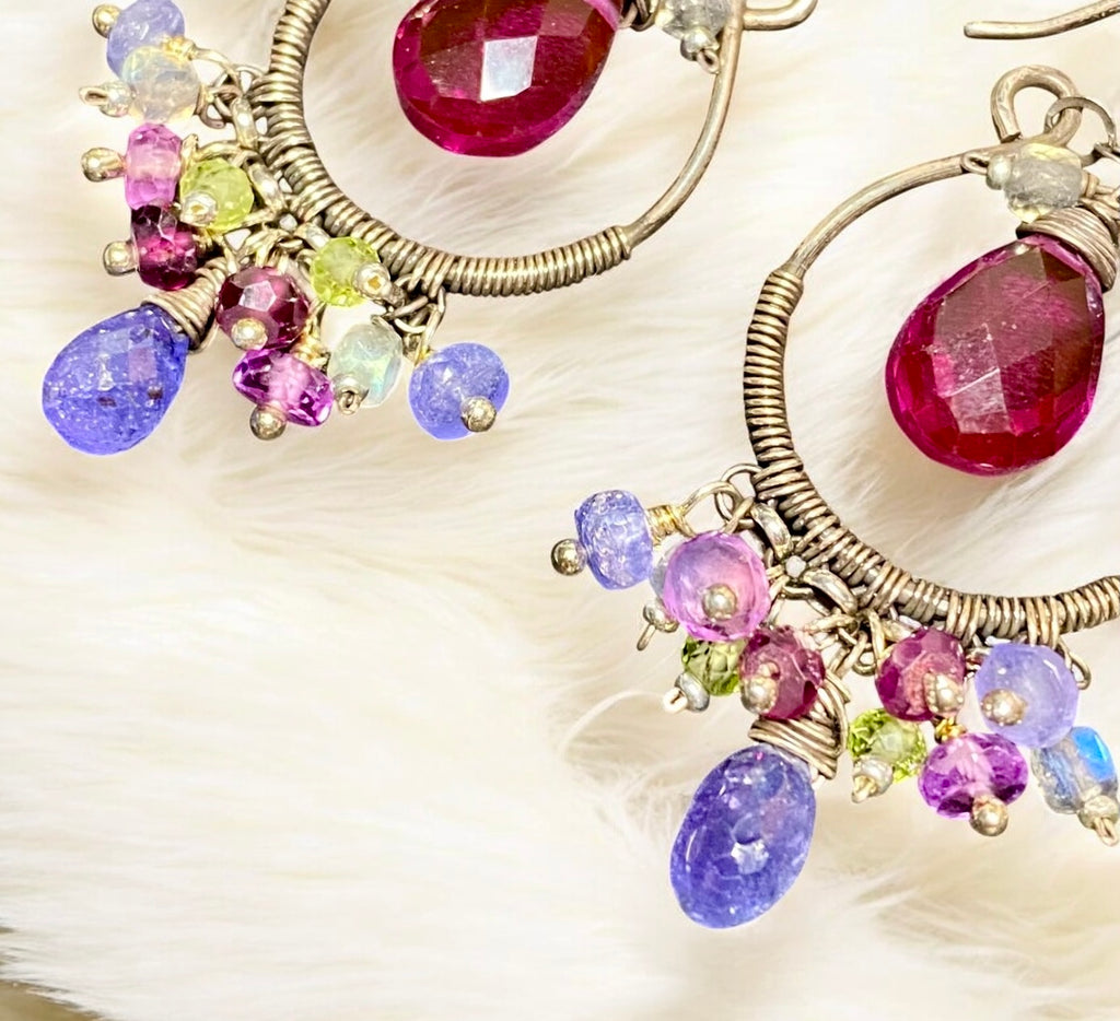 Blue Violet Gemstones Oxidized Silver Hoop Chandelier Earrings