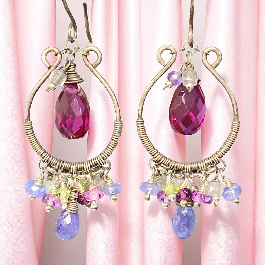 Blue Violet Gemstones Oxidized Silver Hoop Chandelier Earrings