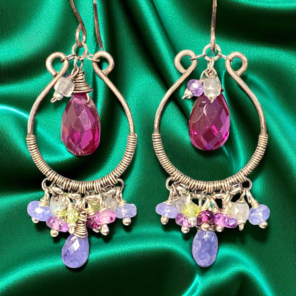 Blue Violet Gemstones Oxidized Silver Hoop Chandelier Earrings
