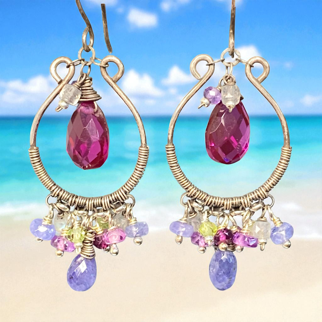Blue Violet Gemstones Oxidized Silver Hoop Chandelier Earrings