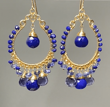 Blue Gemstone Gold Hoop Chandelier Earrings Lapis Kyanite Iolite