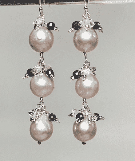 Long Blush Pearl Earrings with Sparkly Gems, Sterling Silver