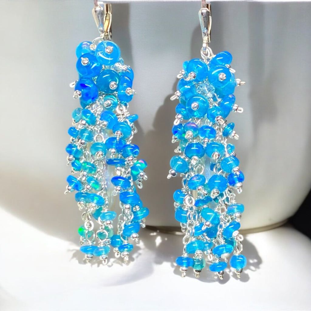 Blue Opal and Biwa Pearl Cluster Tassel Earrings Sterling Silver