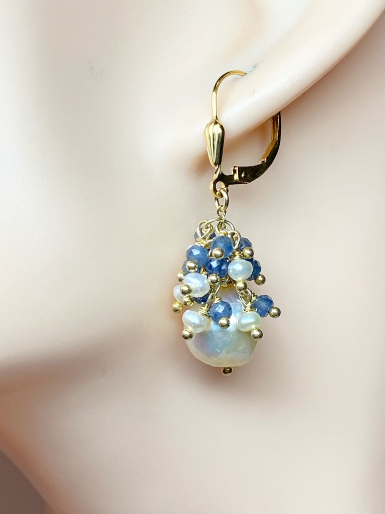 Blue Sapphire and Pearl Cluster Earrings Gold Fill