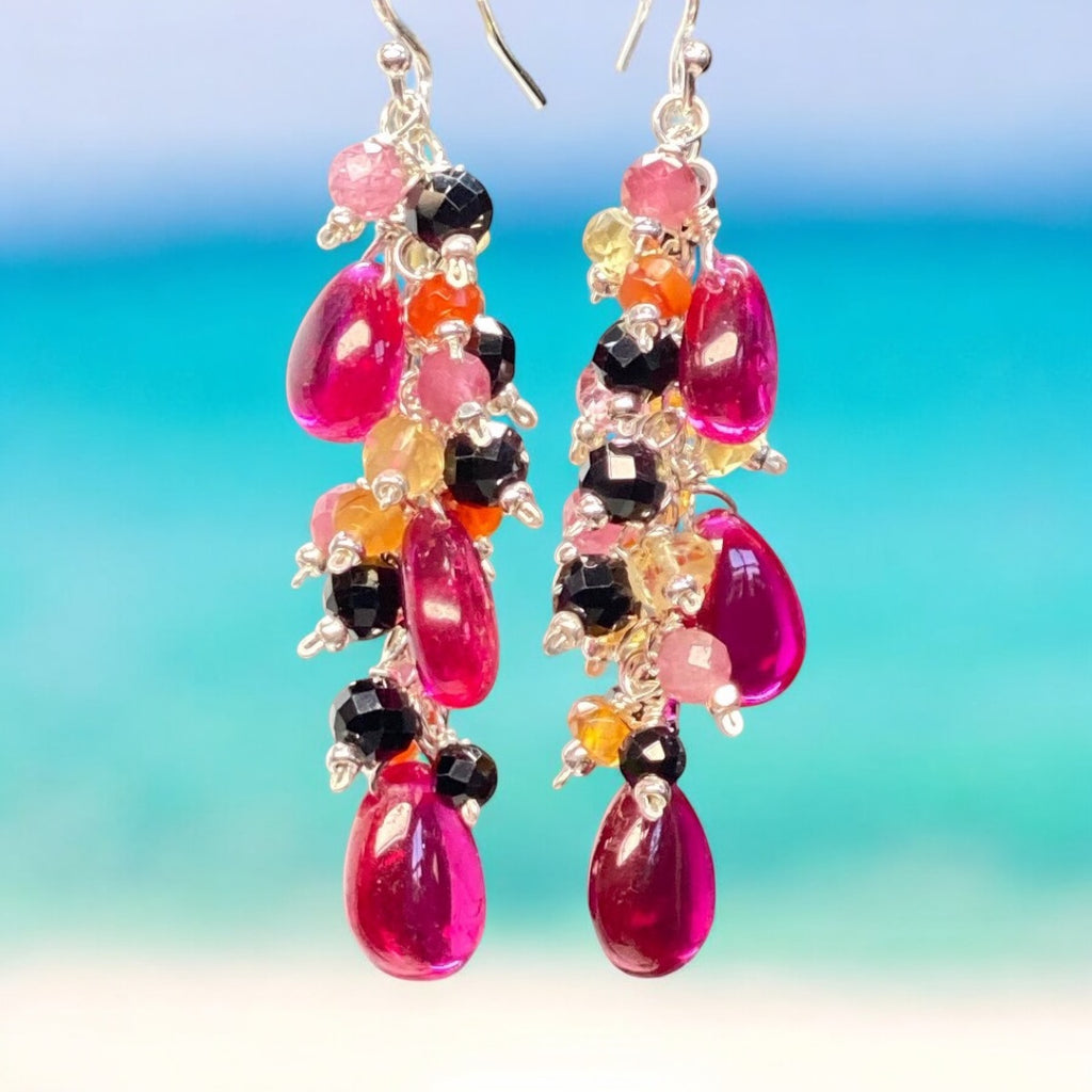 Rubellite Multi Gemstone Long Dangle Earrings Sterling Silver