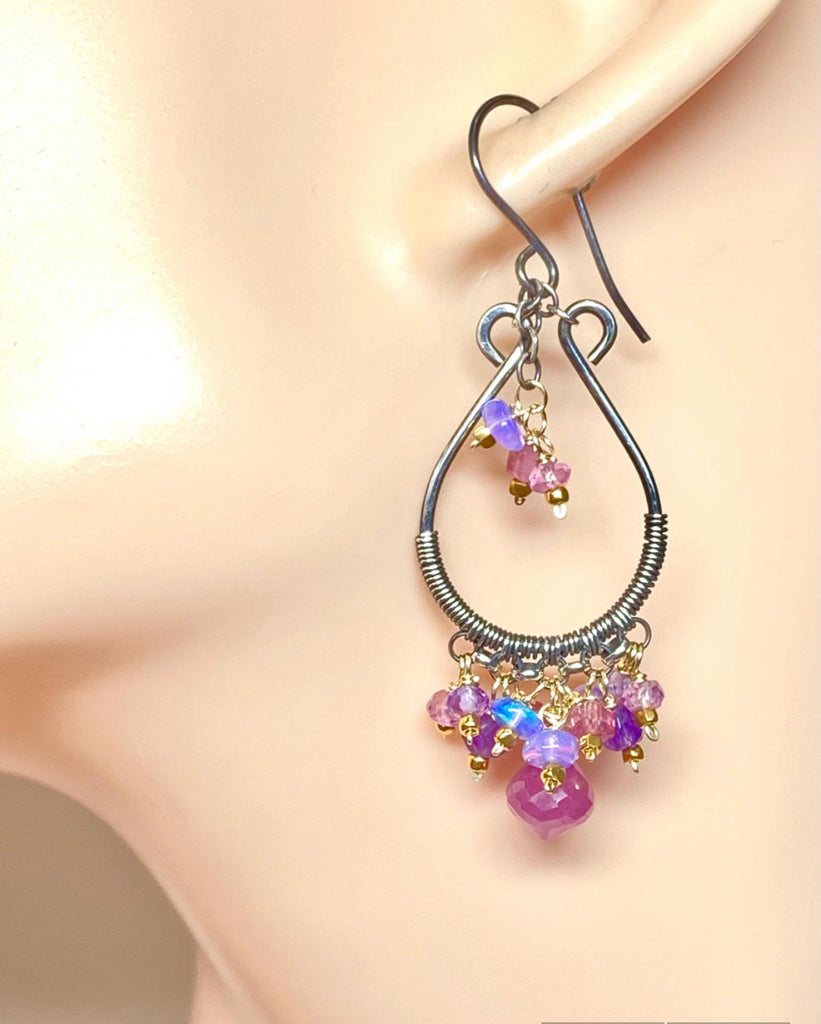 Pink Sapphire Mixed Metal Hoop Chandelier Earrings - Oxidized Sterling Silver - Doolittle