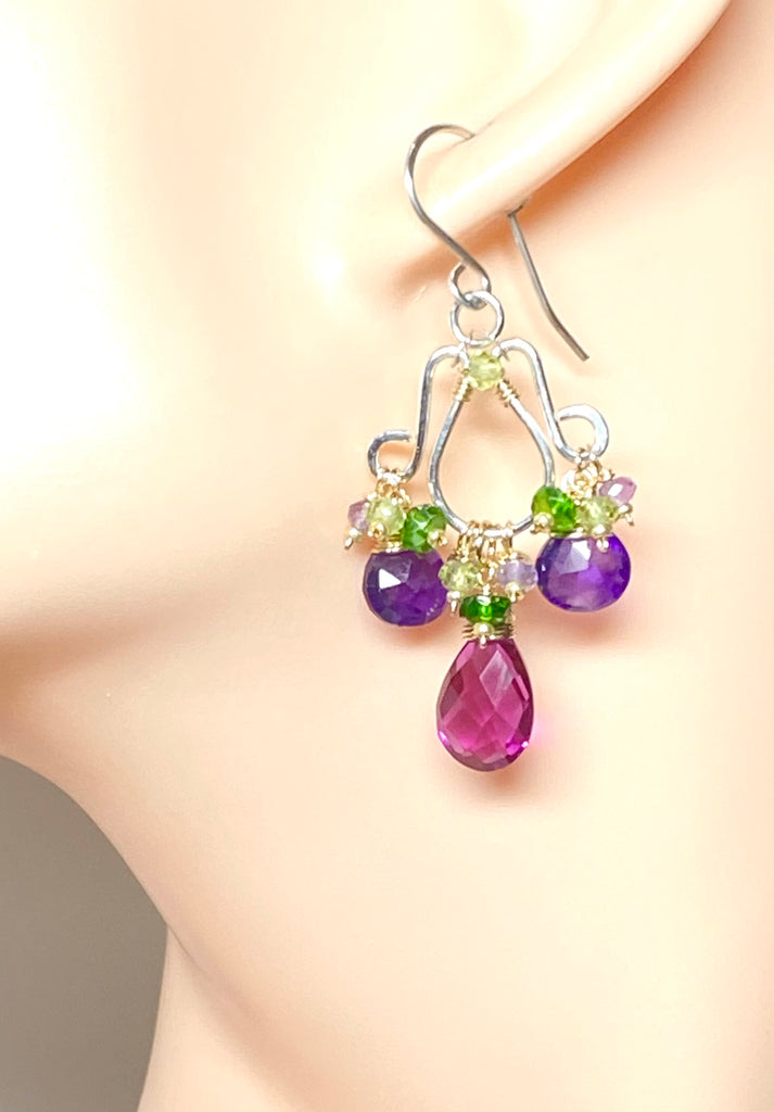 Amethyst, Rhodolite Mixed Metal Chandelier Earrings - Purple, Violet, Green