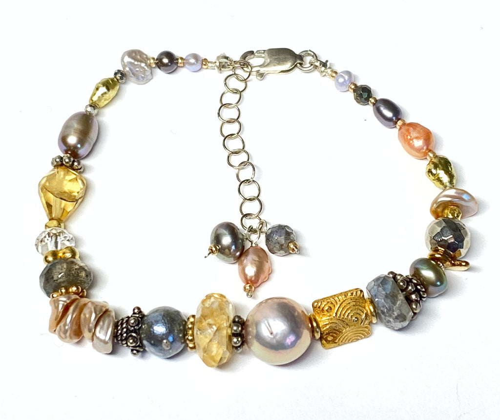 Citrine, Pearl, Labradorite Bracelet Gold and Silver, Mixed Metals