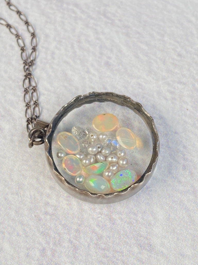 Opal, Moonstone and Pearl Shake Locket Necklace in Sterling Silver