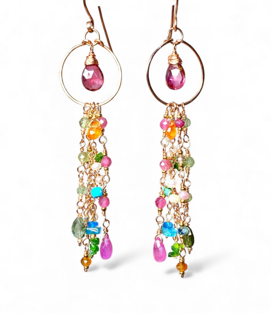 Pink Tourmaline Multicolor Gemstone Long Boho Dangle Earrings Rose Gold