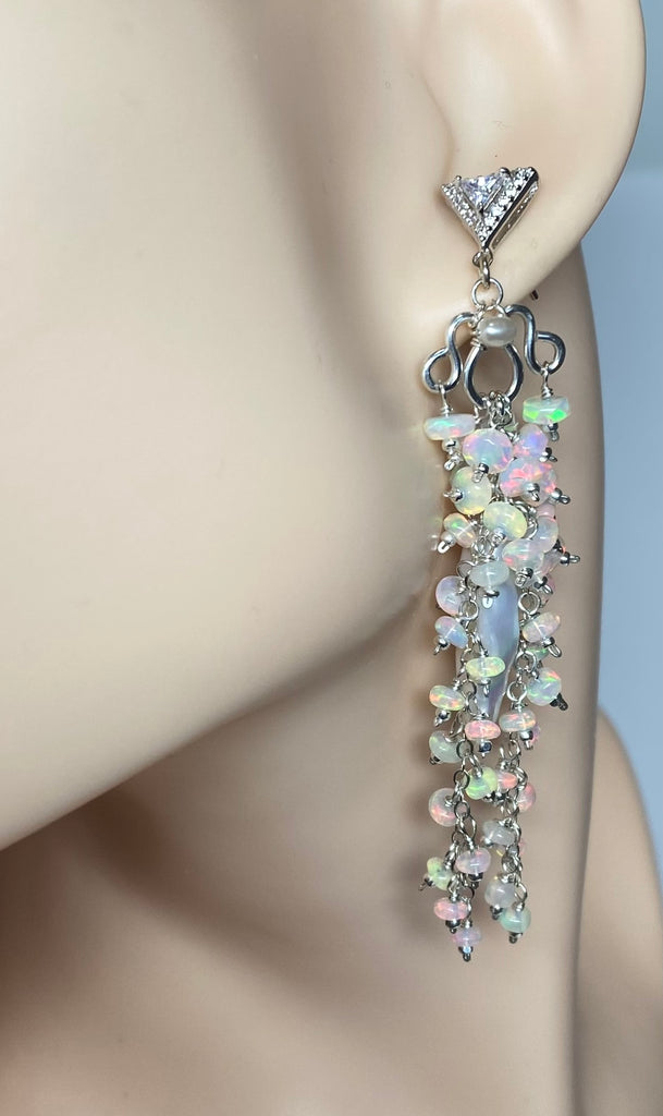 Handmade Bridal Chandelier Earrings with Opals, Sterling Silver 2