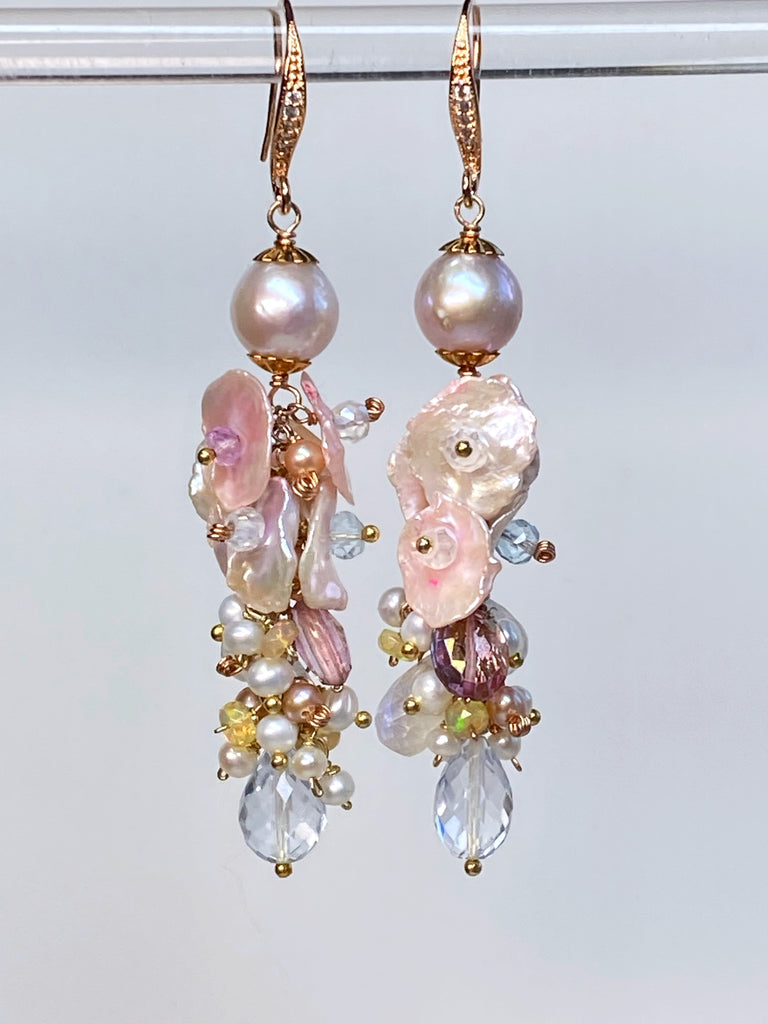 Blush Keishi Pearl Pink Topaz Ivory Pearl Rose Gold Long Dangle Bridal Earrings