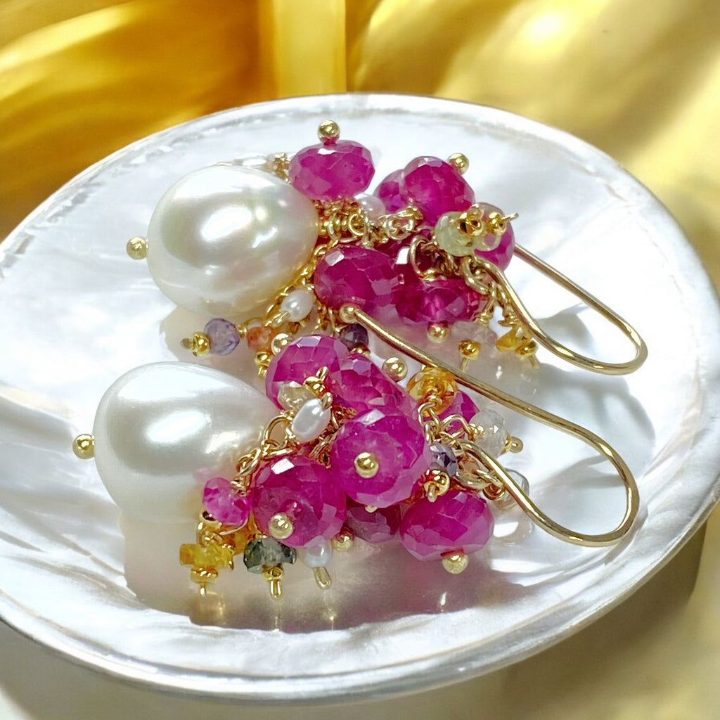 Pearl and Pink Sapphire Cluster Earrings Gold 2