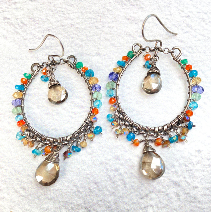 Multicolor Gemstone Hoop Chandelier Earrings, Mystic Smokey Quartz, Oxidized Silver - Doolittle