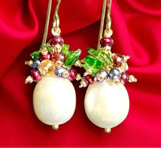 Pearl Cluster Earrings with Red, Green Gemstone Clusters