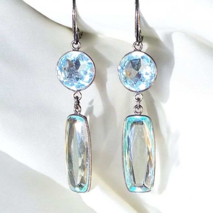 Long Sparkly Aqua Crystal Quartz Dangle Earrings Oxidized Silver
