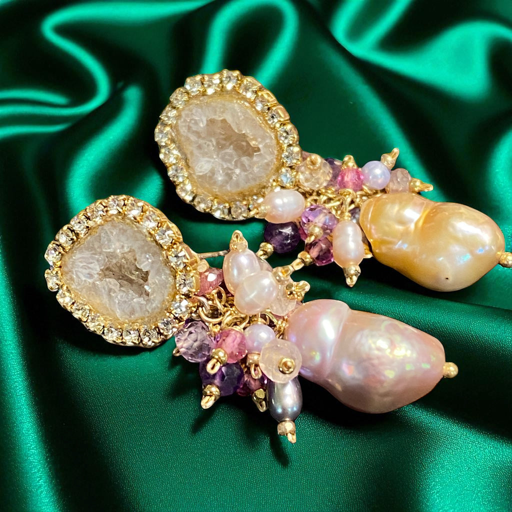 Tabasco Geode and Pink Baroque Pearl Cluster Post Earrings