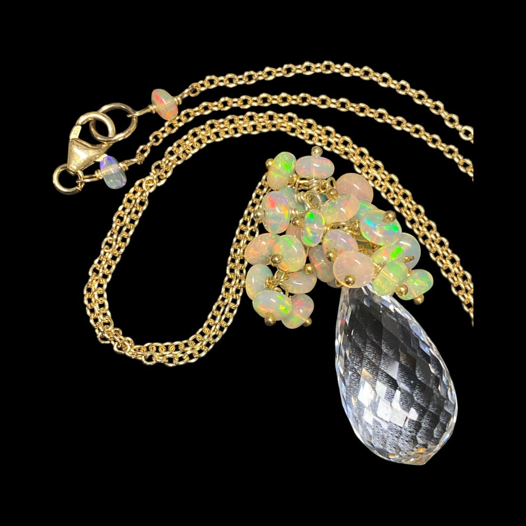 Clear Crystal Quartz Opal Cluster Pendant Necklace