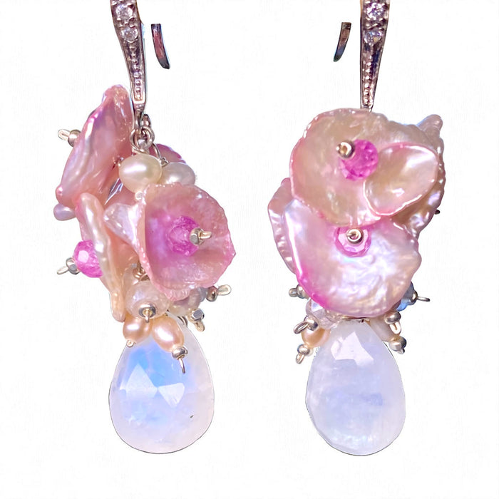 Moonstone, Pink Keishi Pearl, Pink Sapphire Cluster Earrings