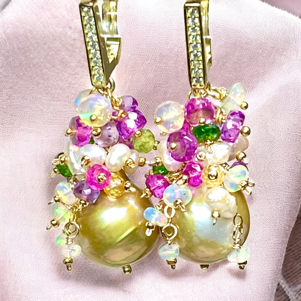 Pond-slime Baroque Pearl and Gemstone Cluster Earrings with Violet Sapphire