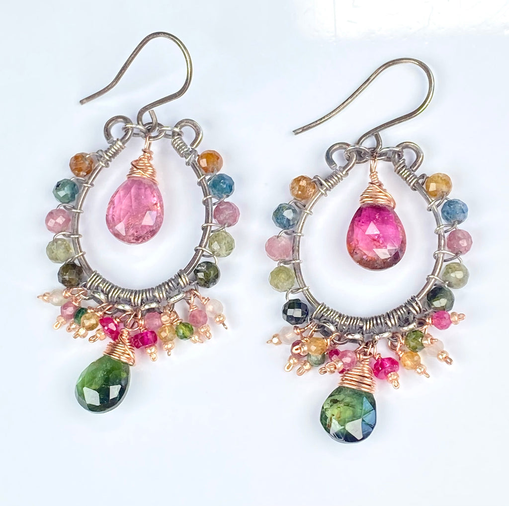 Pink and Green Tourmaline Mixed Metal Hoop Chandelier Earrings - Rose Gold, Oxidized Silver