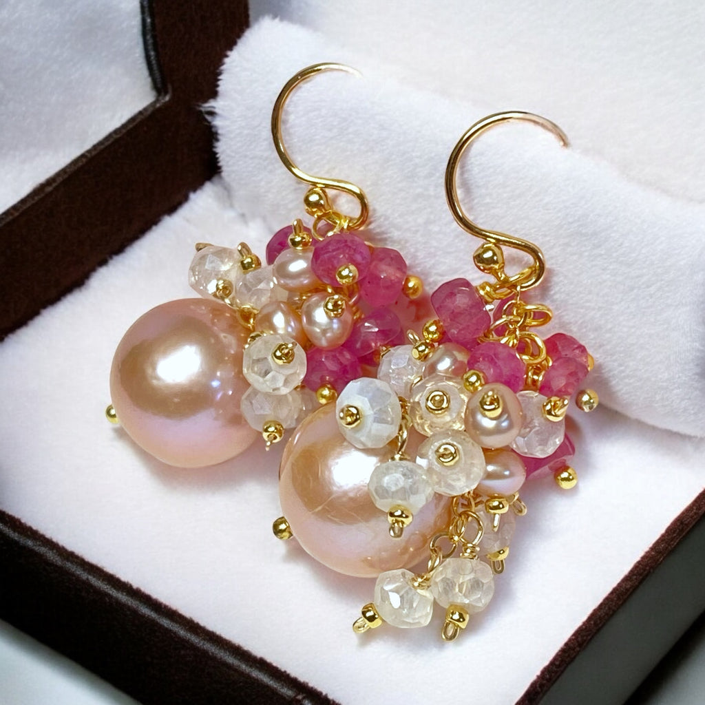 Blush Pearl Pink Sapphire Mystic Quartz Cluster Earrings