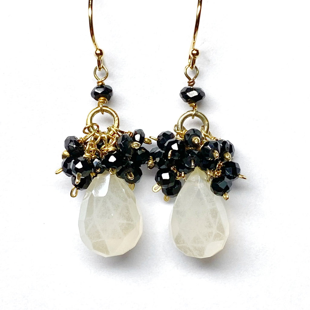 Mystic Ivory Chalcedony, Black Spinel Cluster Earrings Gold Fill