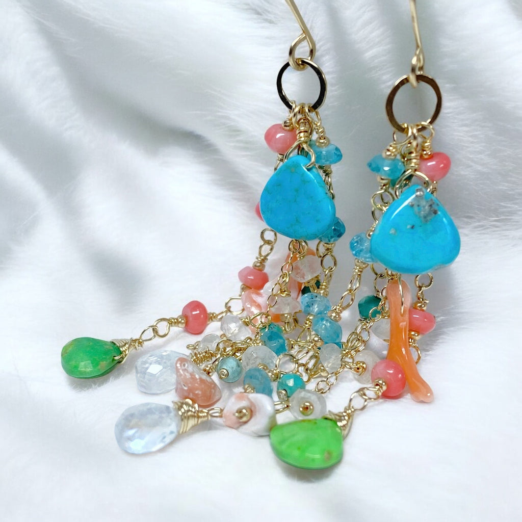 Kingman Blue and Green Turquoise, Coral, Moonstone Gemstone Dangle Earrings 2