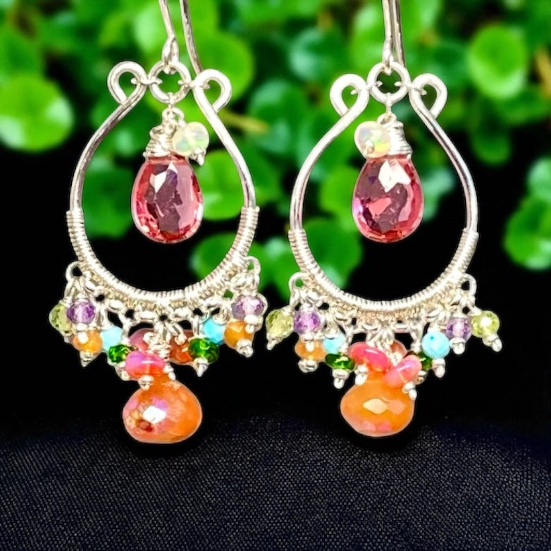 Pink, Orange, Multi Gemstone Sterling Silver Hoop Chandelier Earrings