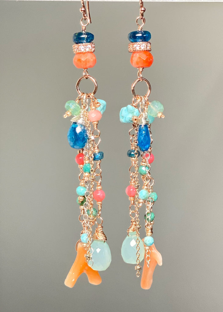 Rose Gold Gemstone Long Boho Dangle Earrings in Turquoise, Coral, Apatite, Aqua