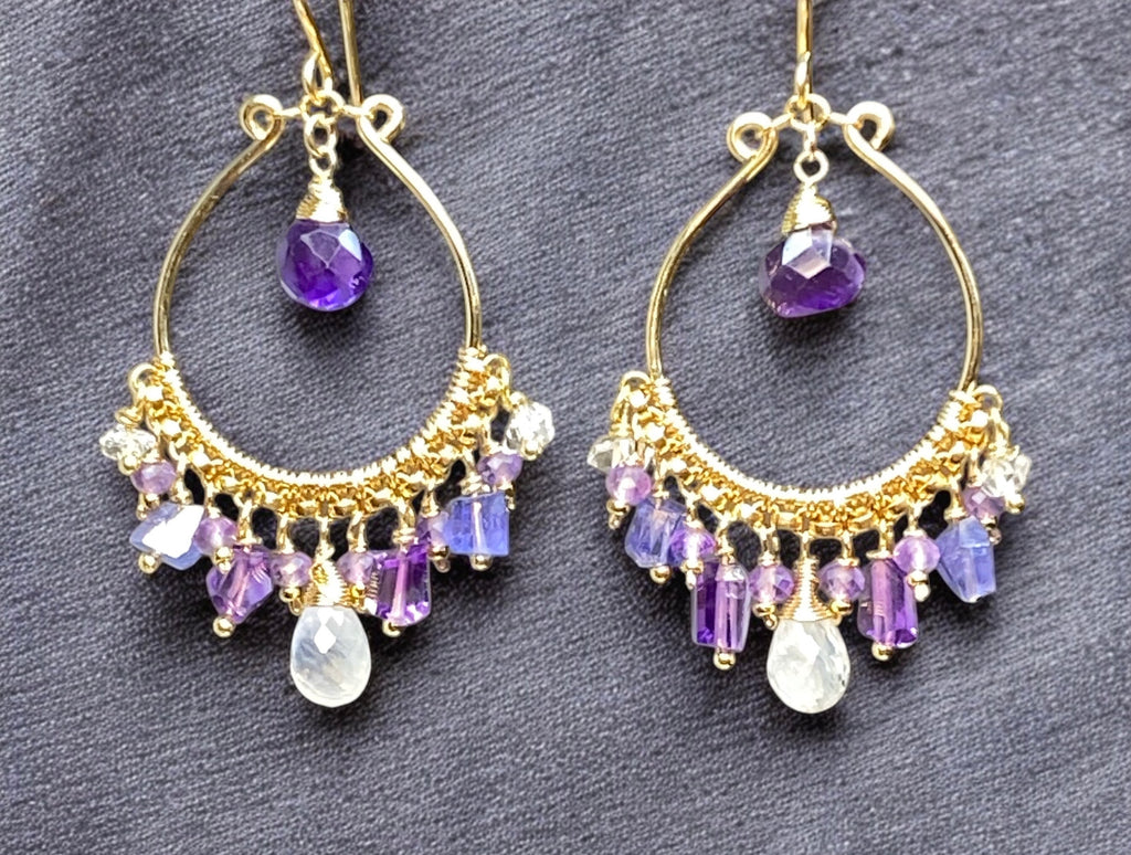 Blue Violet Purple Gold Fill Hoop Chandelier Earrings with Moonstone