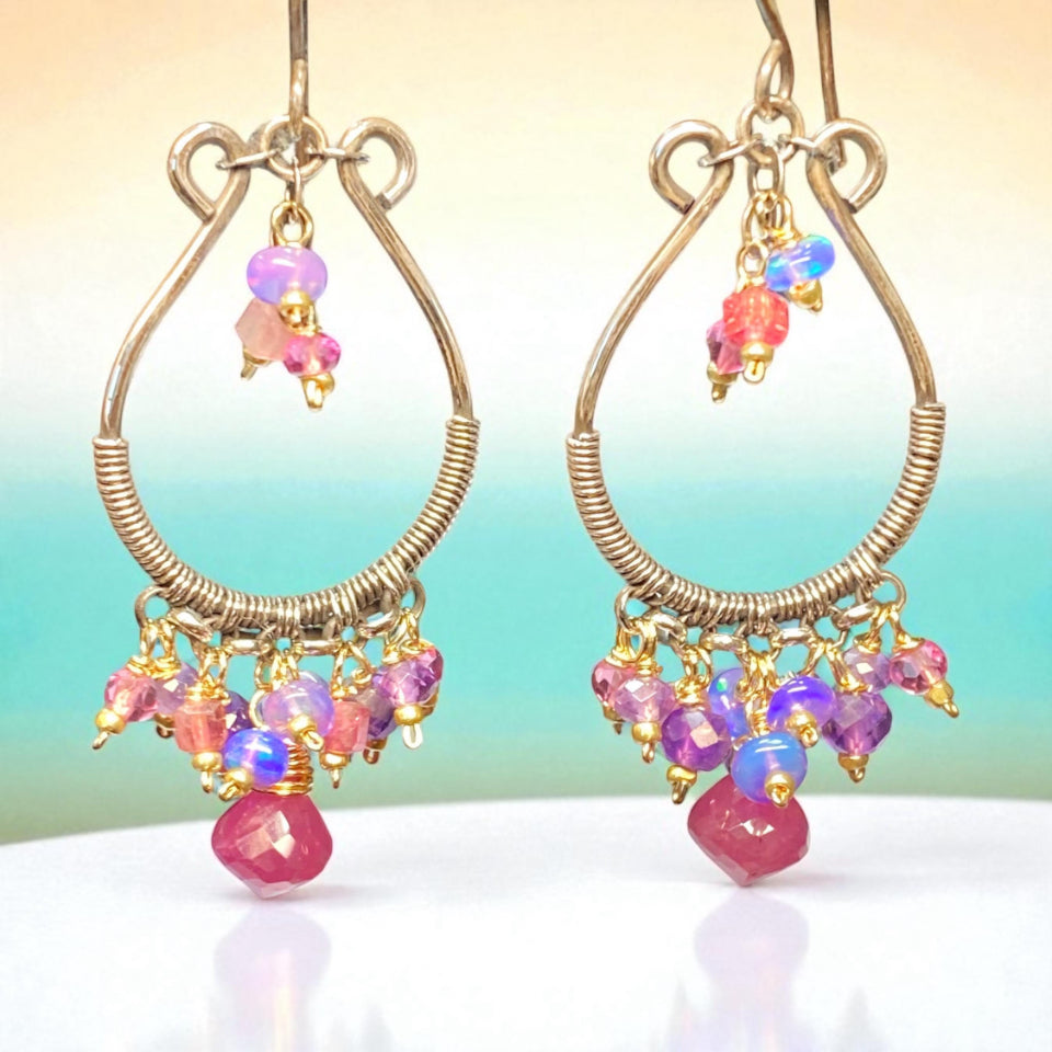 Pink Sapphire Mixed Metal Hoop Chandelier Earrings - Oxidized Sterling Silver - Doolittle