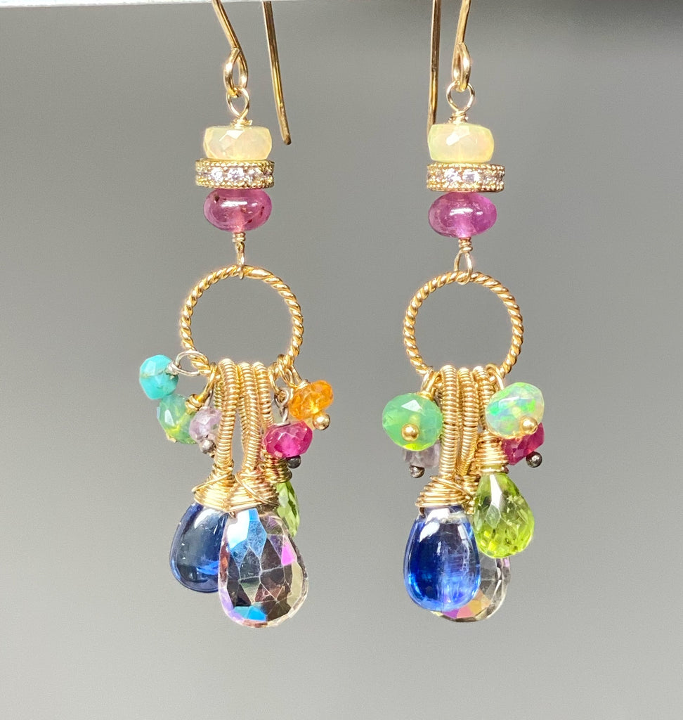 Multi Gemstone Dangle Earrings, Coiled Gold Wire, Handmade 2