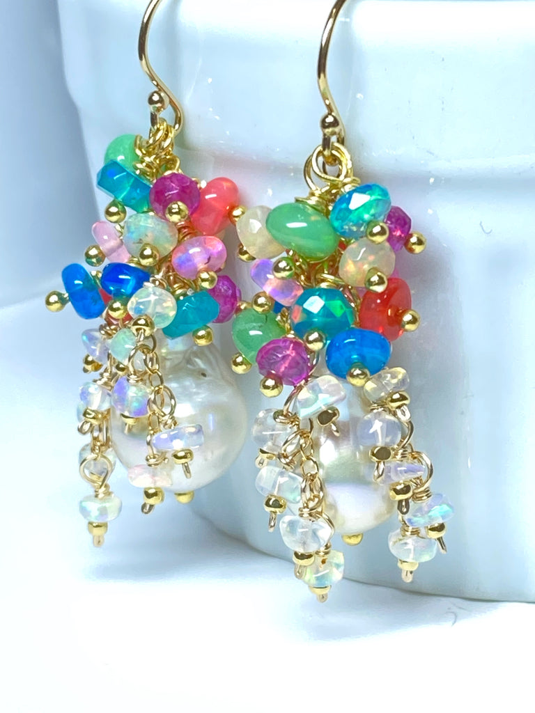 Baroque Flameball Pearl Cluster Earrings Multi-color Opals 4