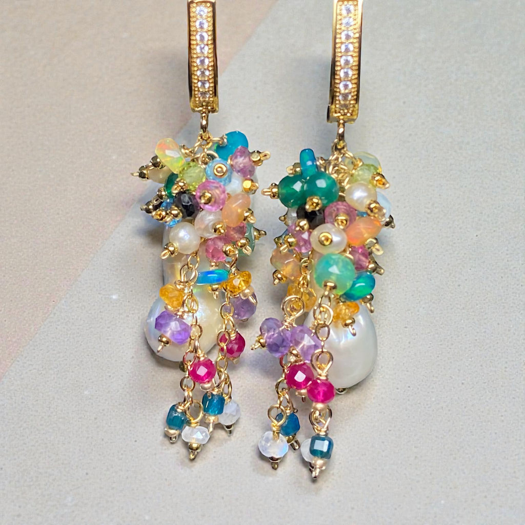 Baroque Flameball Earrings Multi Gemstone Cluster, Gold fill