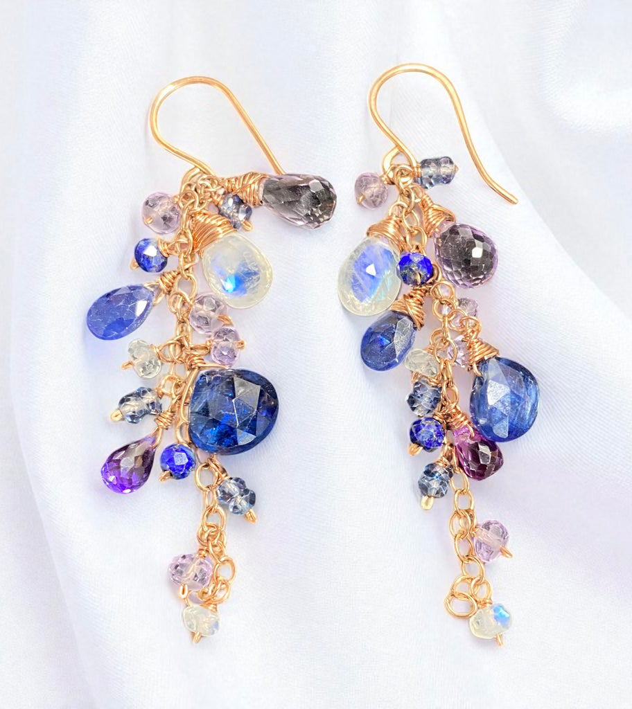 Blue Purple Gemstone Rose Gold Dangle Earrings with Tanzanite