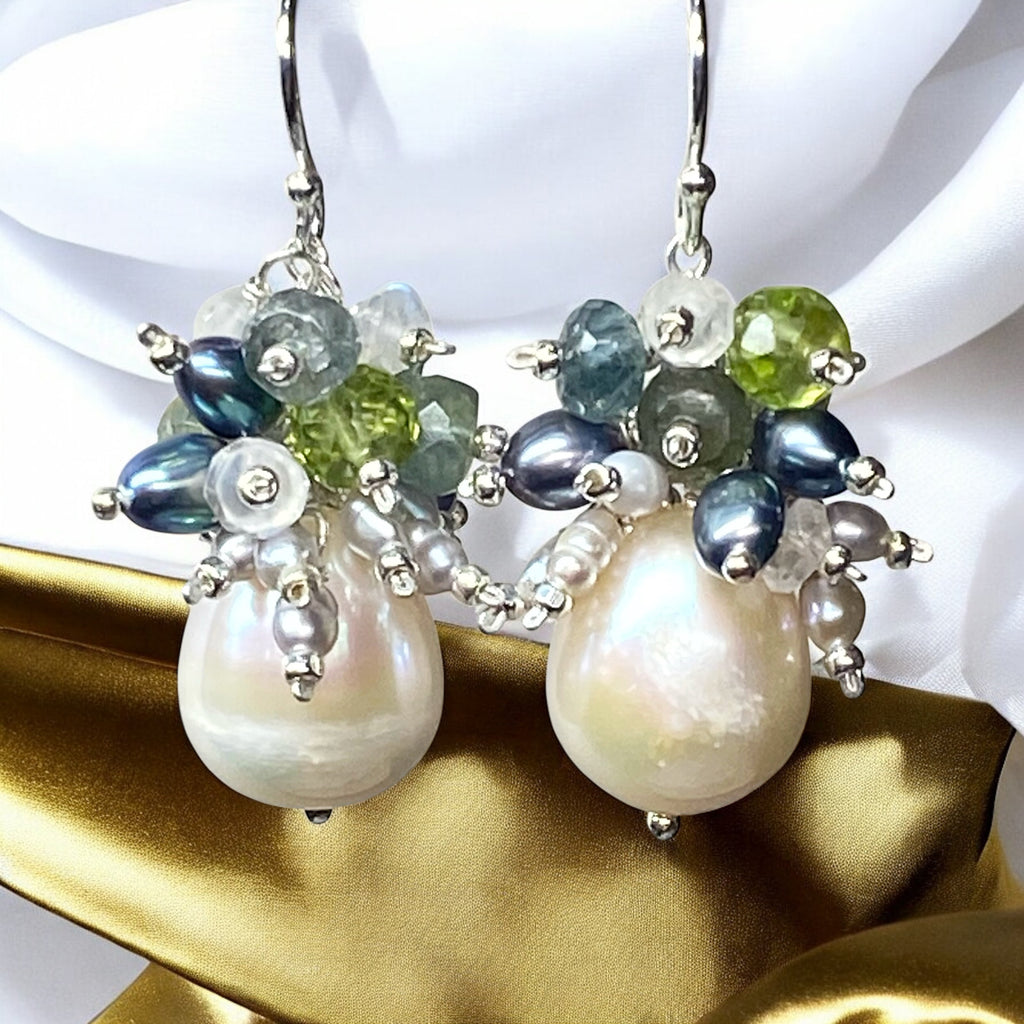 Moss Aquamarine and Pearl Cluster Earrings, Sterling Silver
