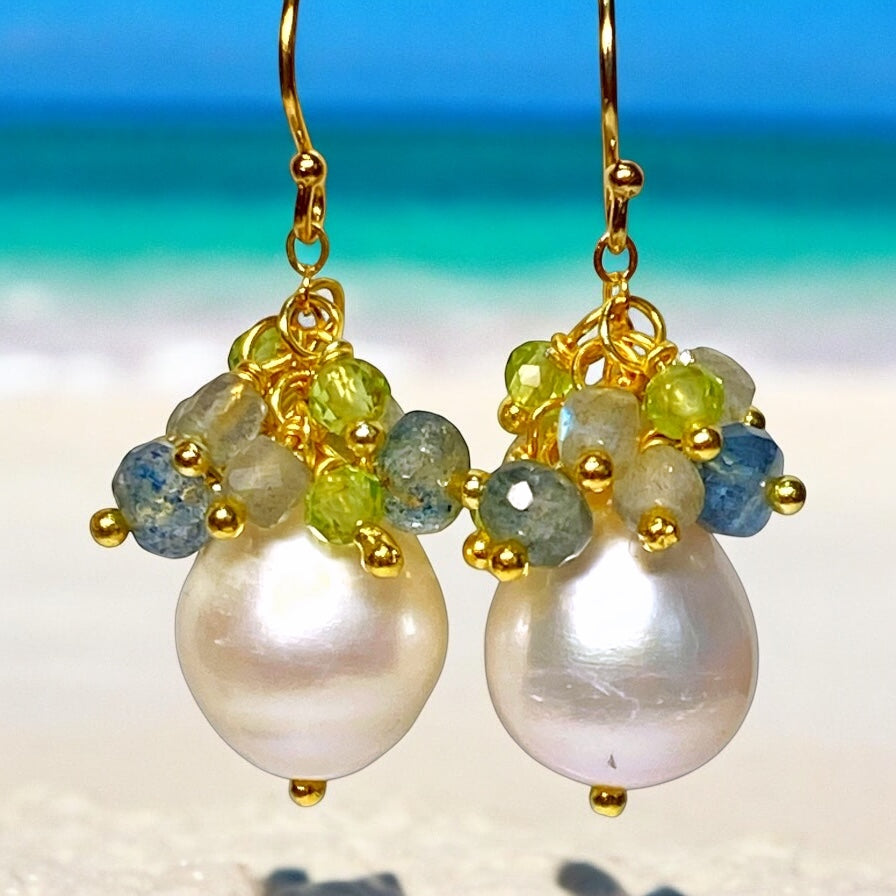 Pearl and Aquamarine, Labradorite, Peridot Cluster Earrings Gold Fill