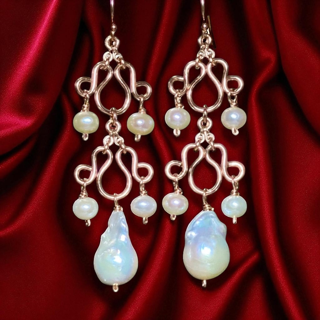 Baroque Pearl Rose Gold Chandelier Earrings