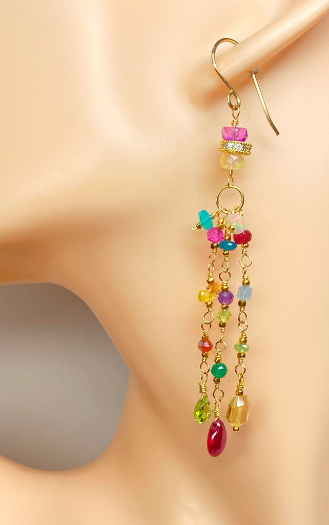 Multi Gemstone Gold Fill Long Dangle Earrings with Peridot, Citrine, Rubellite