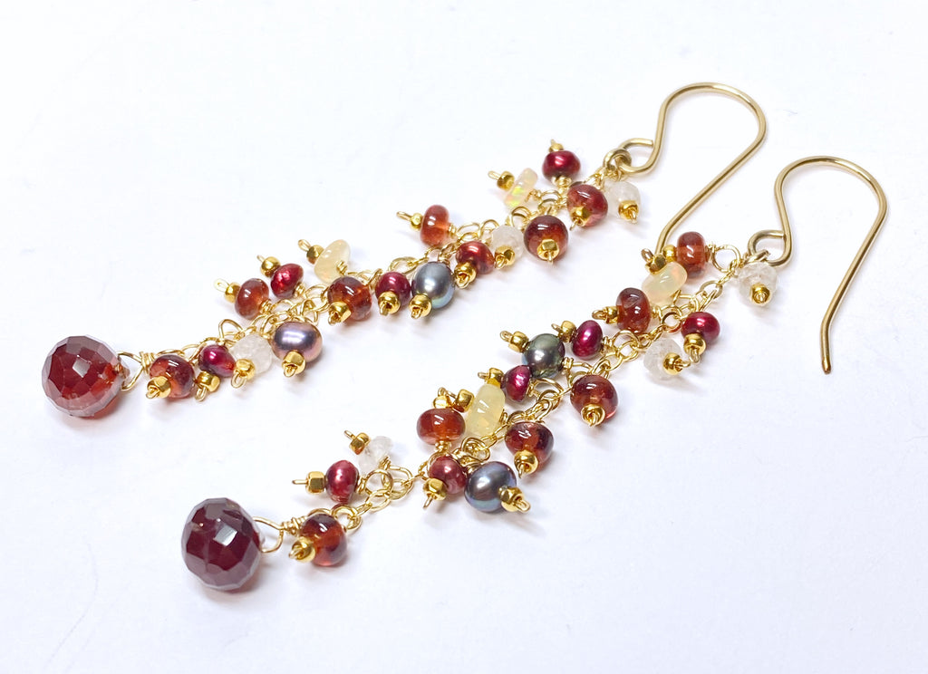 Red Garnet Cranberry Pearl and Opal Long Dangle Earring, Gold